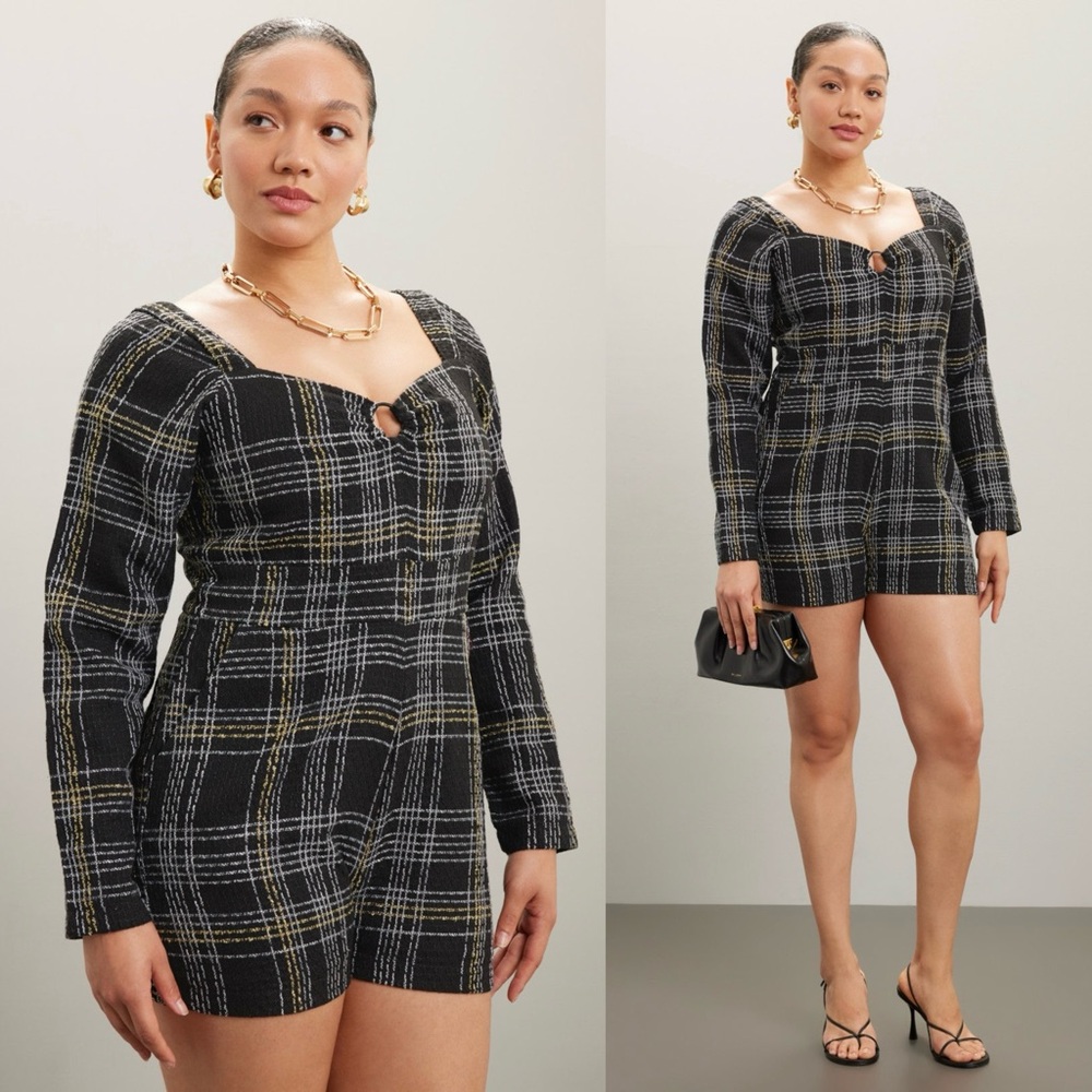 SLATE WILLOW Tweed Plaid Check Long Sleeve Sweetheart Neck High Rise Romper XXL